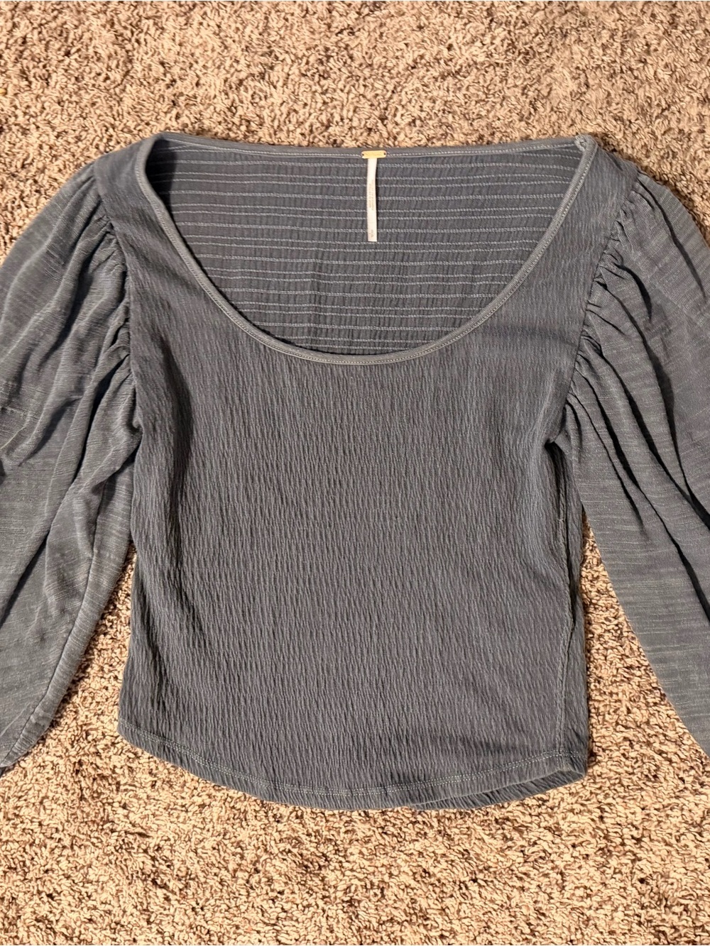 Free People Slate Gray Scoop Neck Long Sleeve Top with Balloon Sleeves